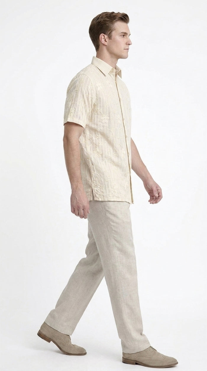 Men’s Cream Abstract Stripe Walking Suit Set, 2 Piece Short Sleeve Casual Shirt and Pants Outfit