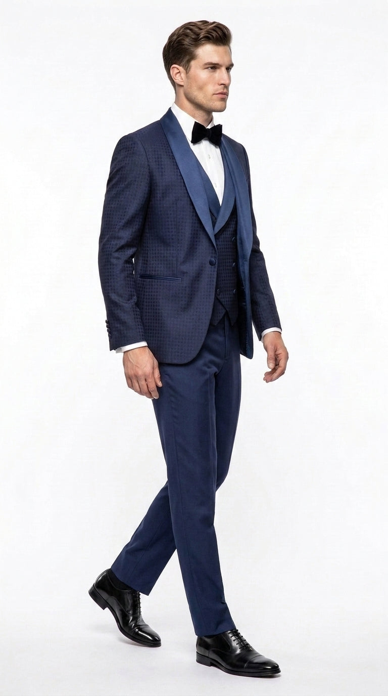 Men’s Navy Pinstripe Great Gatsby Tuxedo Suit, Shawl Collar Sateen Lapel Formal Wedding Prom Suit