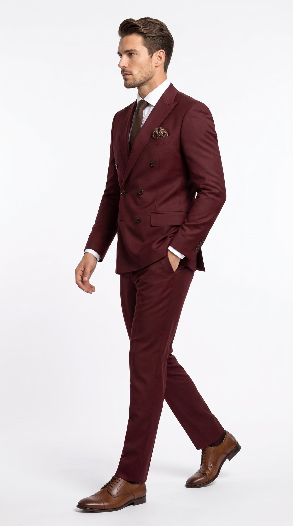 Men’s Burgundy Double Breasted Suit – Modern Fit Wedding, Prom & Formal Suit with Tapered Pants