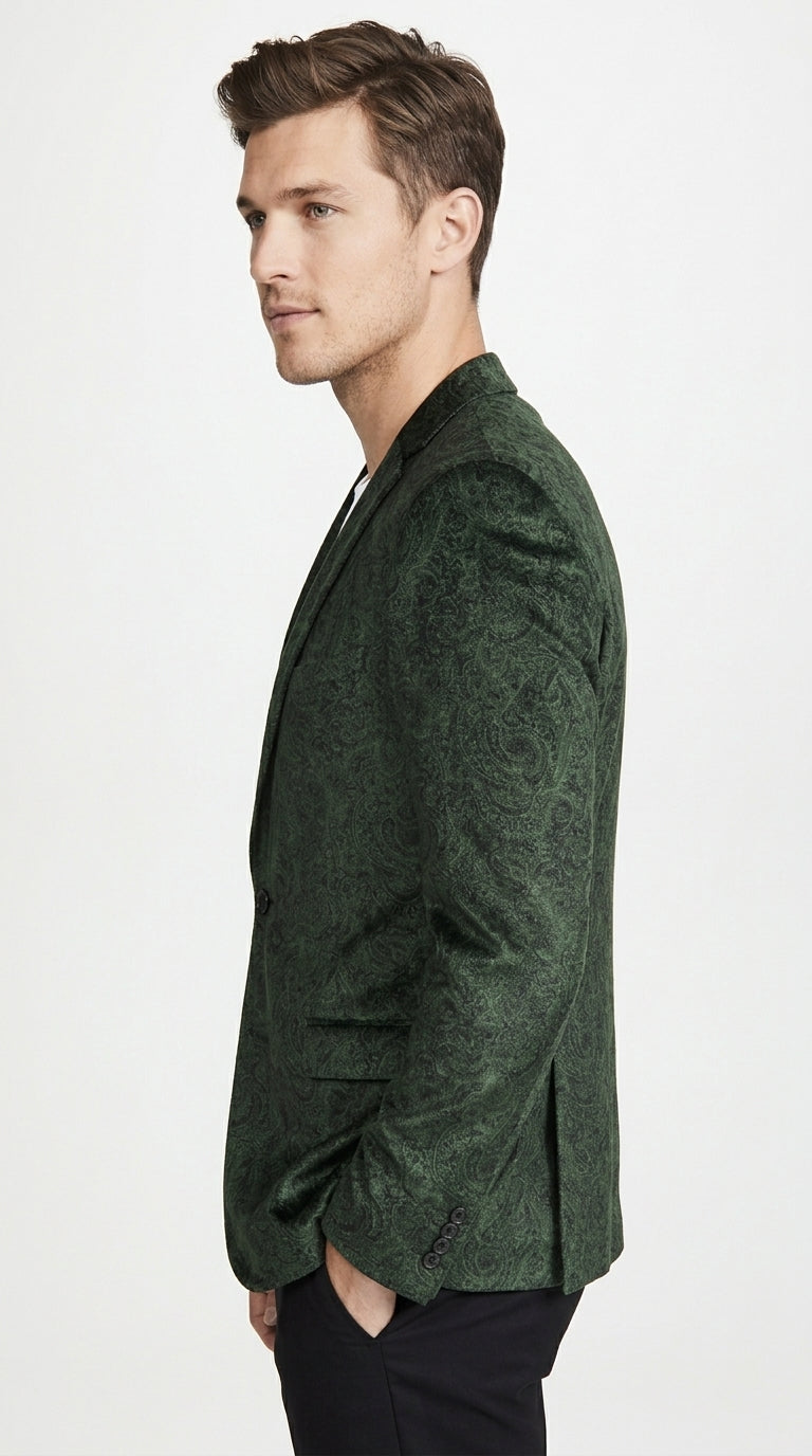 Men’s Olive Green Paisley Velvet Blazer, Formal Jacquard Sport Coat for Weddings, Prom and Parties