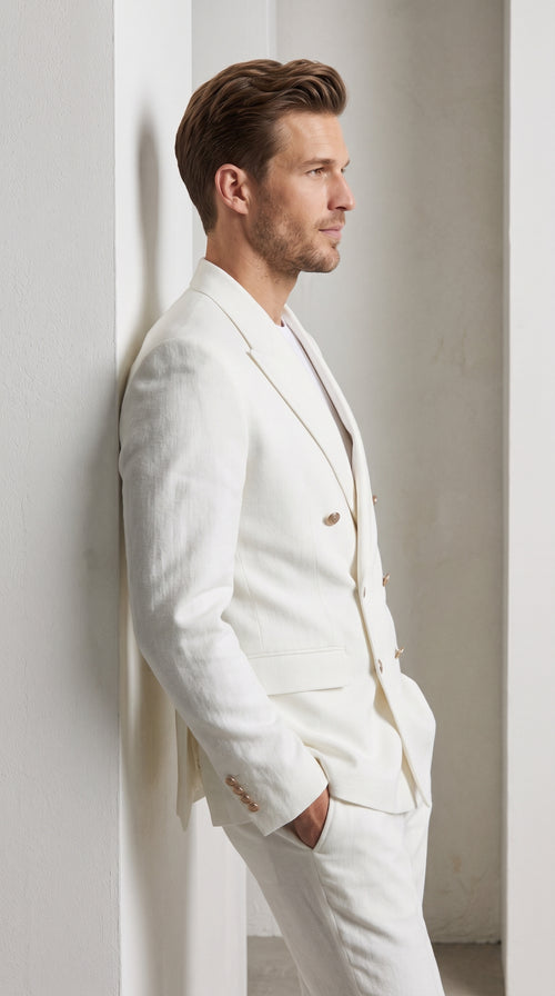 Men’s White Double Breasted Blazer, 6 Button Peak Lapel Formal Sport Coat for Weddings, Prom and Special Events