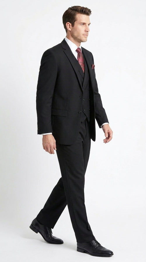 Men’s Black 2 Button Suit with Double Breasted Vest, Pleated Pant Formal Wedding Business Suit