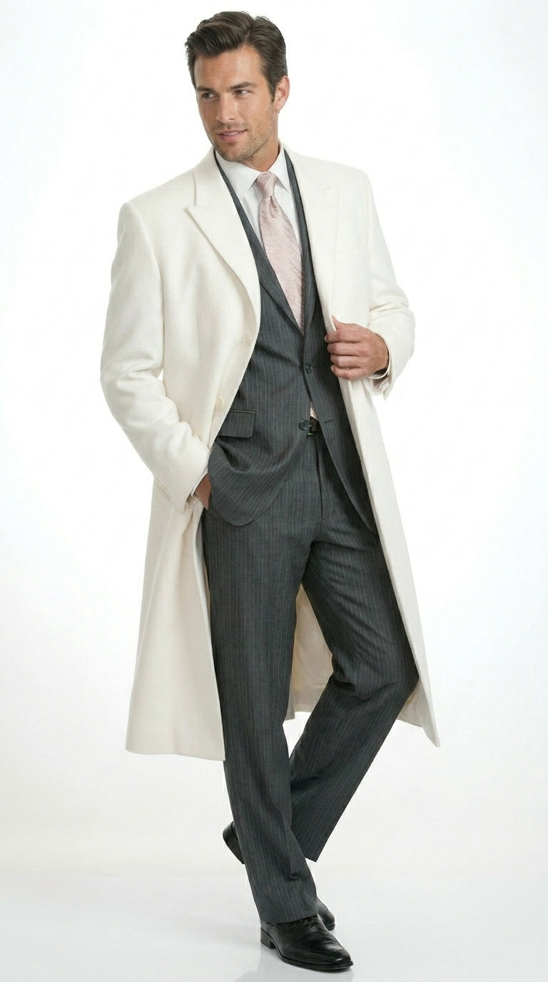 White and Cashmere Mens Overcoat - Full Length Topcoat
