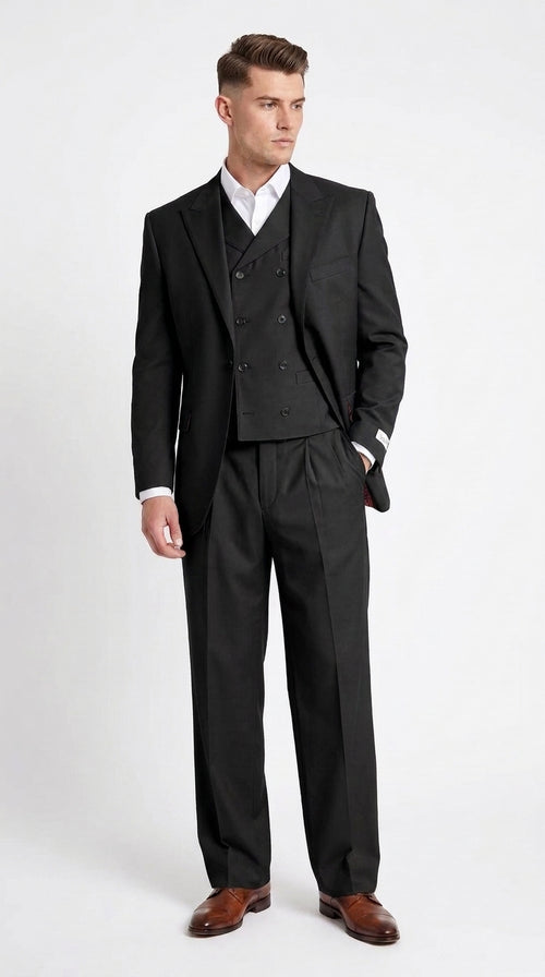 Tiglio Rosso Men’s Tan 3-Piece Italian Wool Suit – Classic Fit Peak Lapel Suit with Double-Breasted Vest and Pleated Wide-Leg Pants