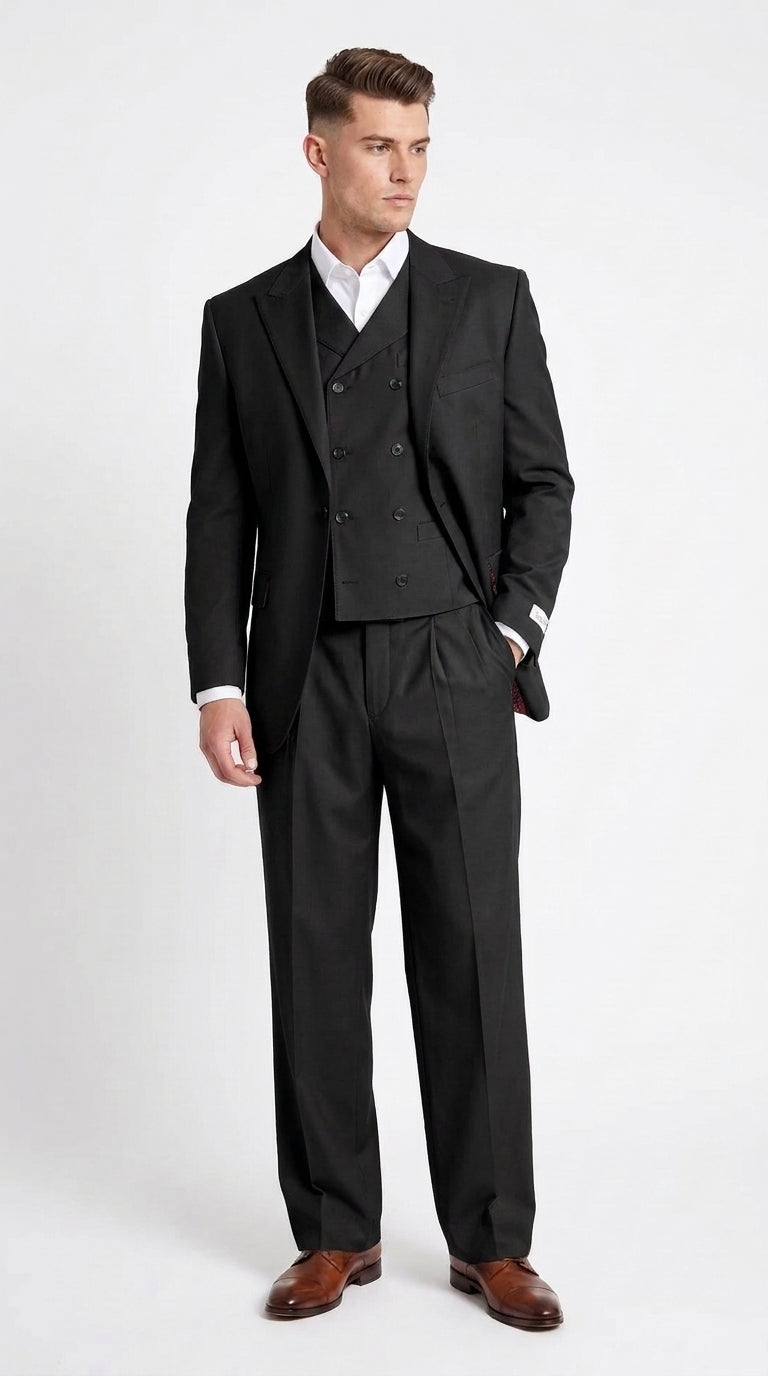 Tiglio Rosso Men’s Tan 3-Piece Italian Wool Suit – Classic Fit Peak Lapel Suit with Double-Breasted Vest and Pleated Wide-Leg Pants