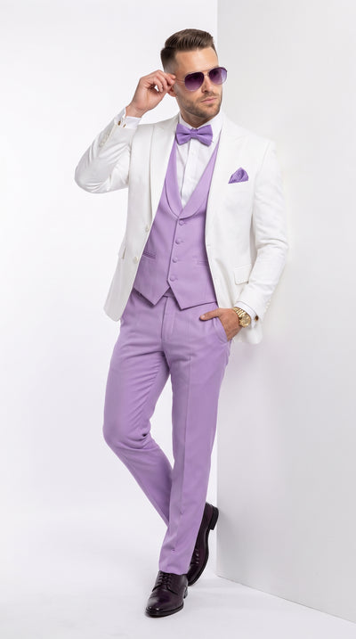 Men’s White and Lavender 4 Piece Tuxedo Suit, Wedding Prom Dinner Jacket with Vest, Pants and Bow Tie
