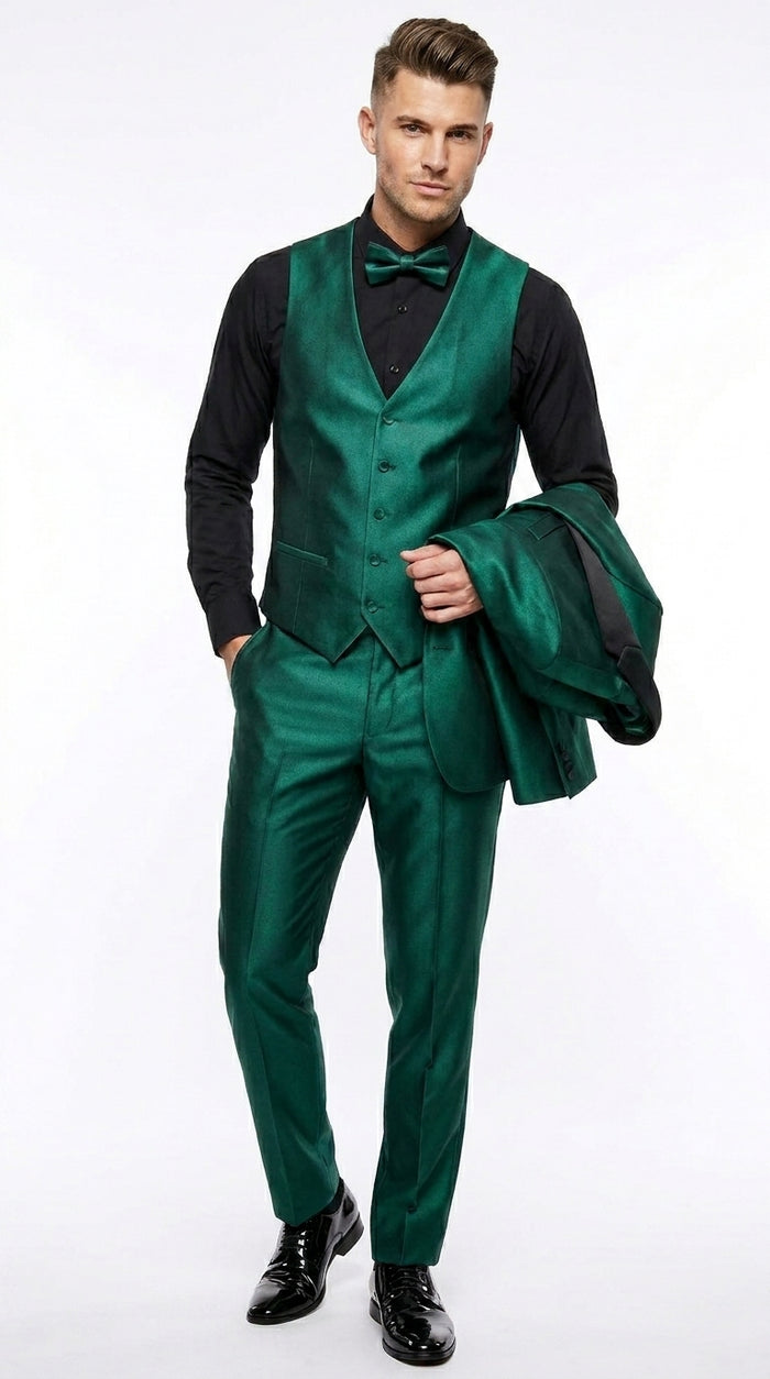 Men’s Emerald Green 3 Piece Tuxedo with Black Satin Shawl Lapel and Matching Vest