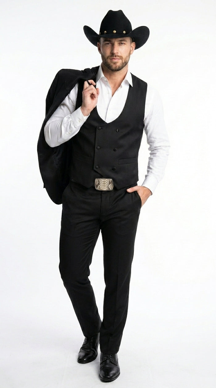 Men’s Black Western Tuxedo Suit with Satin Shawl Lapel Blazer and Double Breasted Vest