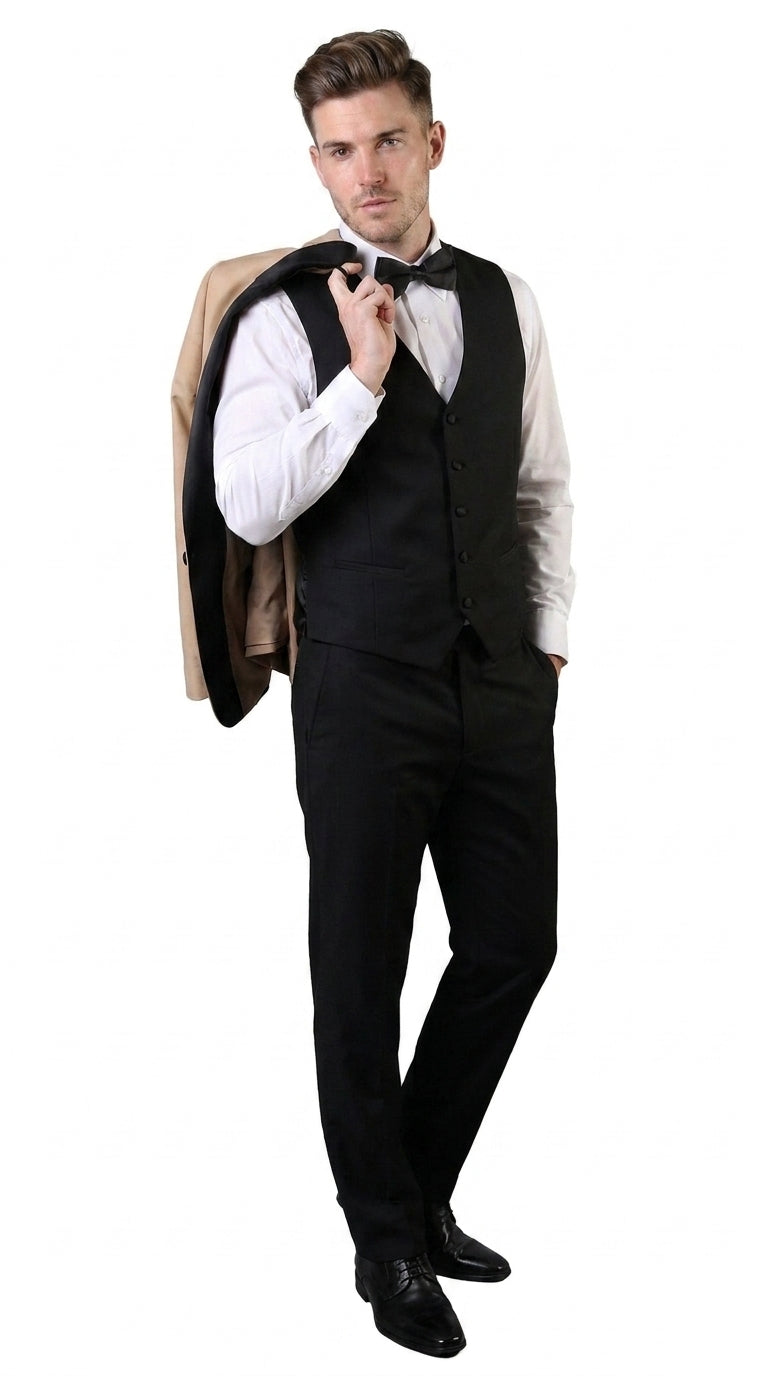 PromTuxedo Men’s Champagne and Black 3-Piece Wool Tuxedo – Shawl Lapel Wedding, Prom and Groom Suit