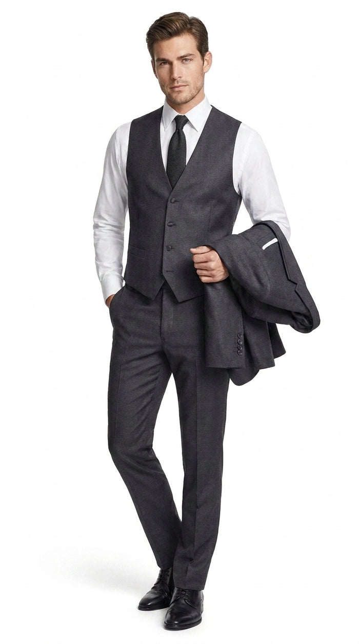 PromTuxedo Men’s Charcoal Grey 3-Piece Tuxedo Suit – Notch Lapel Prom, Wedding and Formal Suit