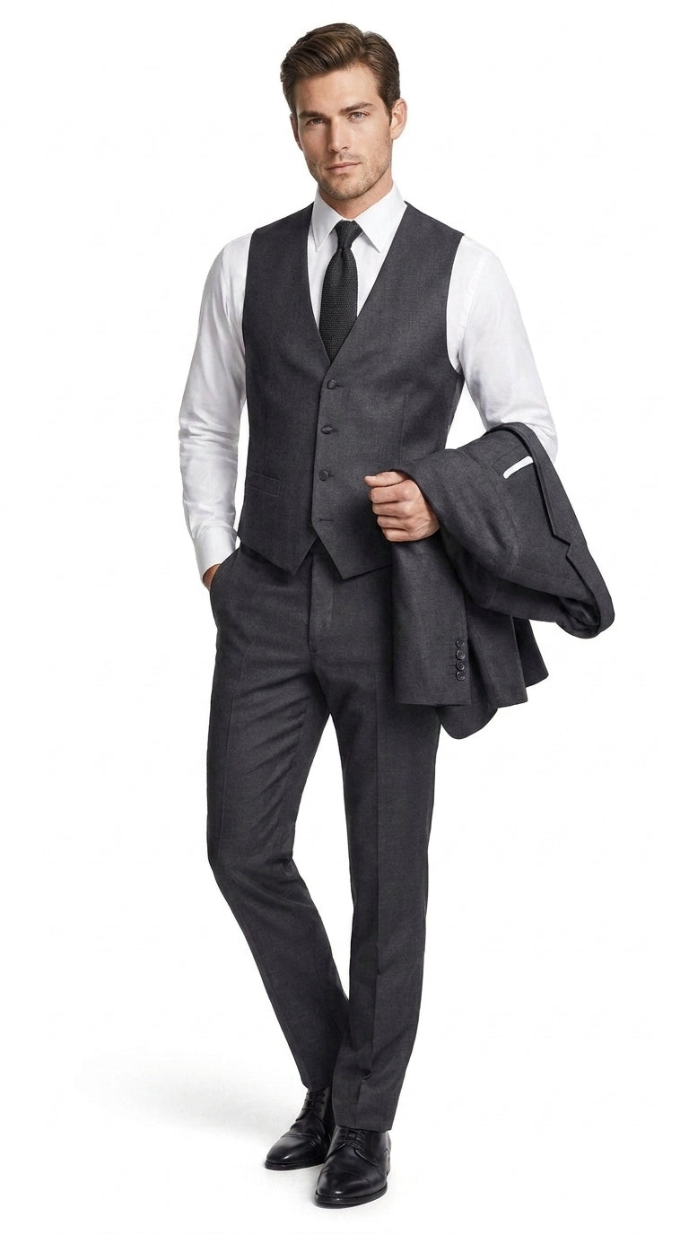 PromTuxedo Men’s Charcoal Grey 3-Piece Tuxedo Suit – Notch Lapel Prom, Wedding and Formal Suit
