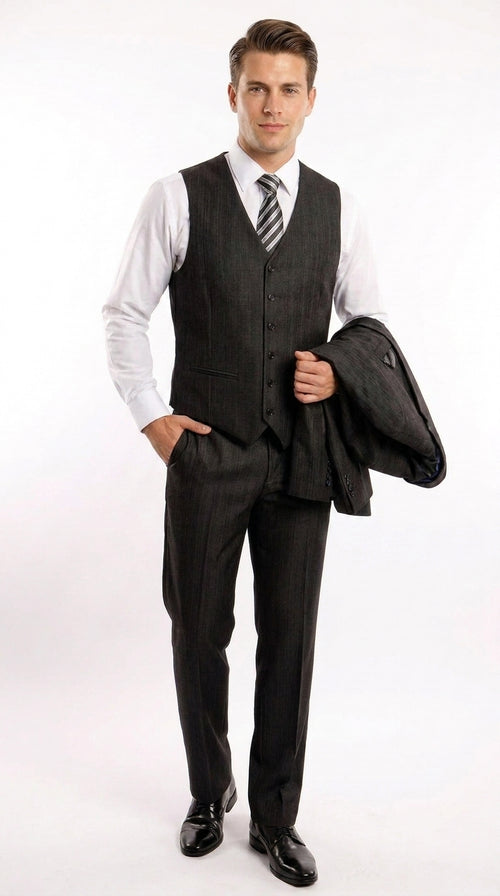 Men’s Classic Black Sharkskin 3-Piece Business Suit – Vested Wedding, Church and Formal Suit