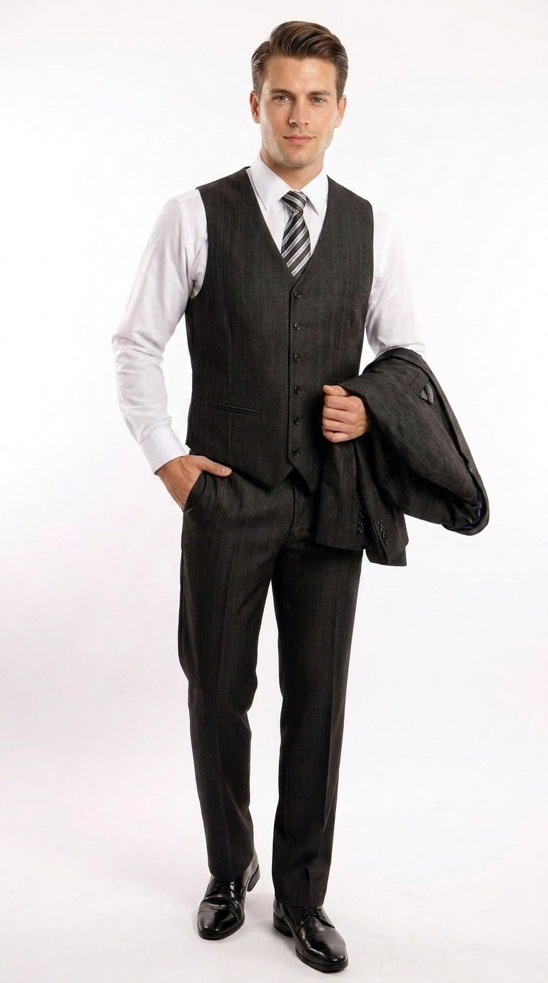 Men’s Classic Black Sharkskin 3-Piece Business Suit – Vested Wedding, Church and Formal Suit