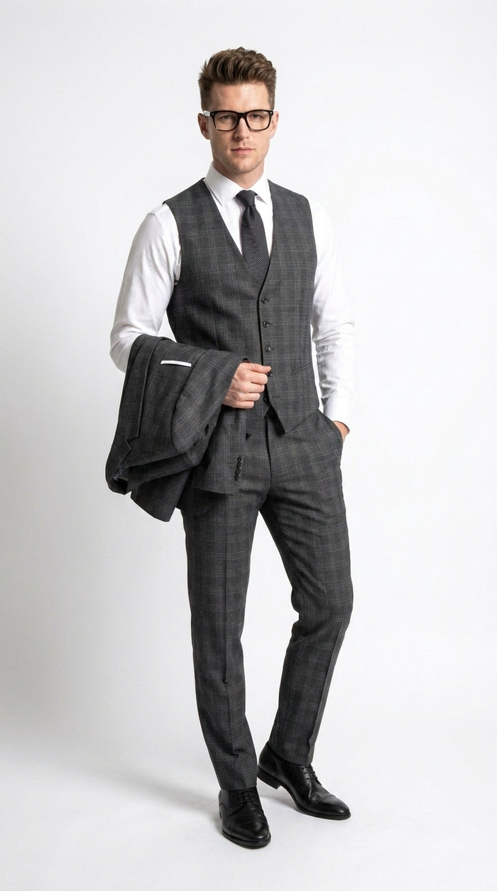 Men’s Charcoal Grey Windowpane Plaid 3-Piece Suit – Two-Button Jacket with Matching Vest and Pants