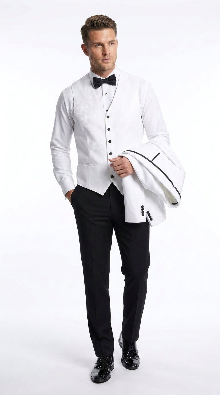 Men’s White and Black One Button Satin Trim Shawl Lapel Tuxedo for Wedding, Prom and Formal Events