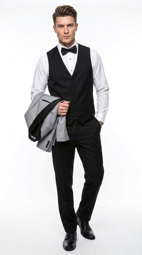 Men’s Grey and Black 3-Piece Prom Tuxedo – Vested Wedding Suit with Black Shawl Lapel