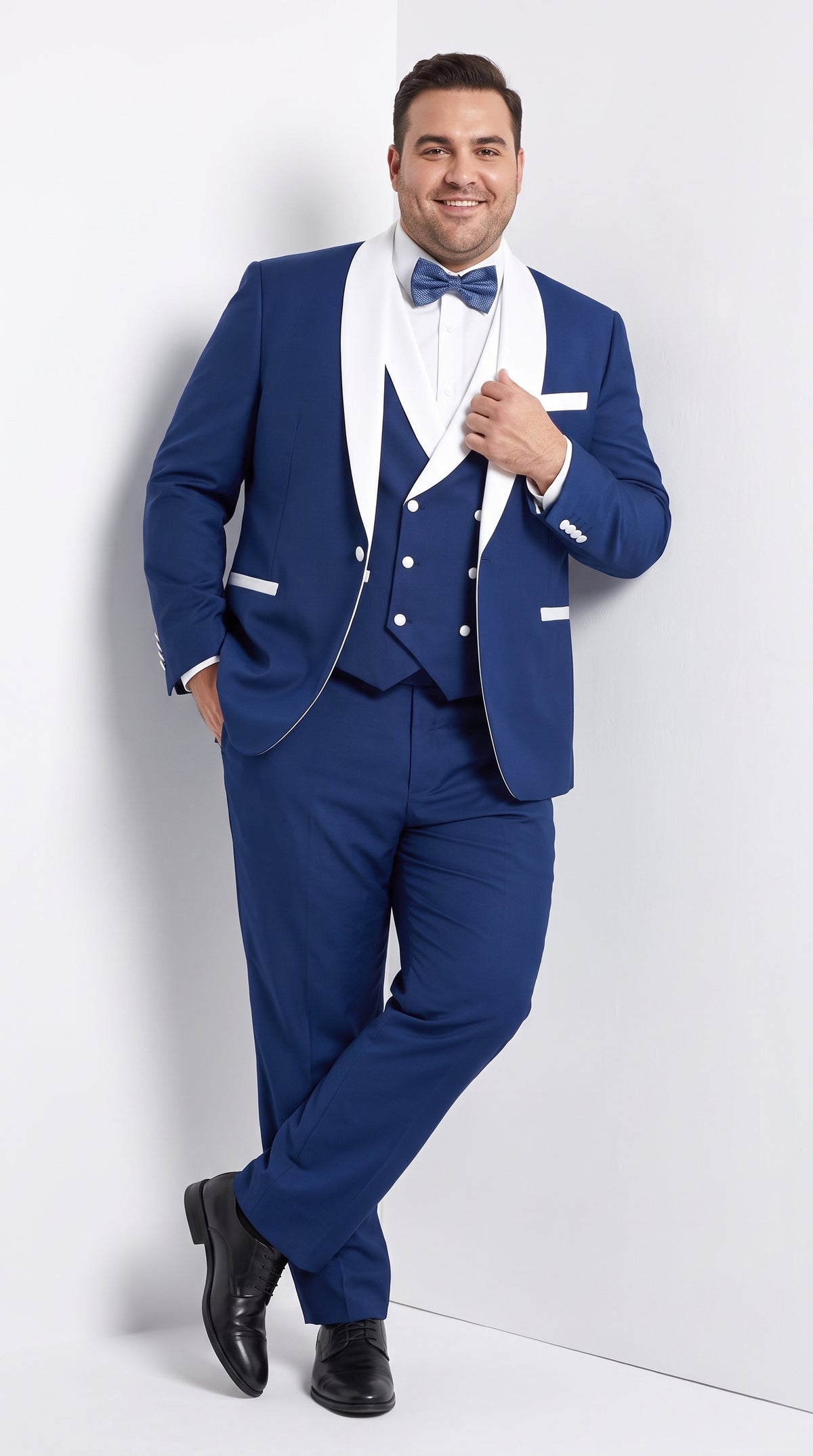 Men’s Royal Blue Tuxedo 3 Piece Suit with White Shawl Lapel – Double Breasted Vest Wedding & Prom Suit