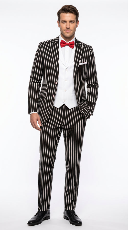 1920s Men’s Black Bold Pinstripe 3 Piece Gangster Suit – Vested Vintage Wedding & Formal Suit