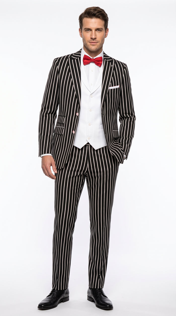 1920s Men’s Black Bold Pinstripe 3 Piece Gangster Suit – Vested Vintage Wedding & Formal Suit