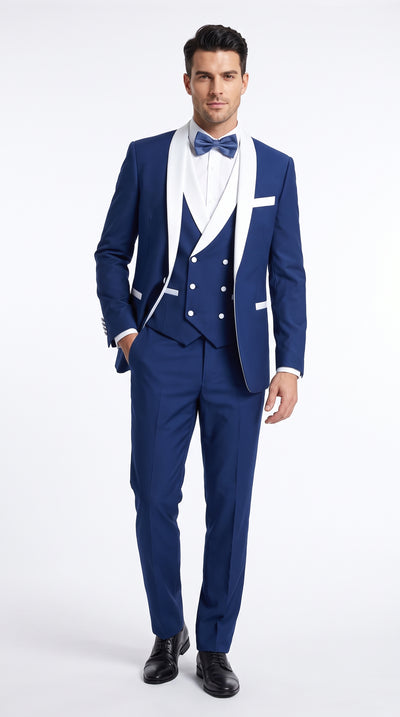 Men’s Royal Blue Tuxedo 3 Piece Suit with White Shawl Lapel – Double Breasted Vest Wedding & Prom Suit