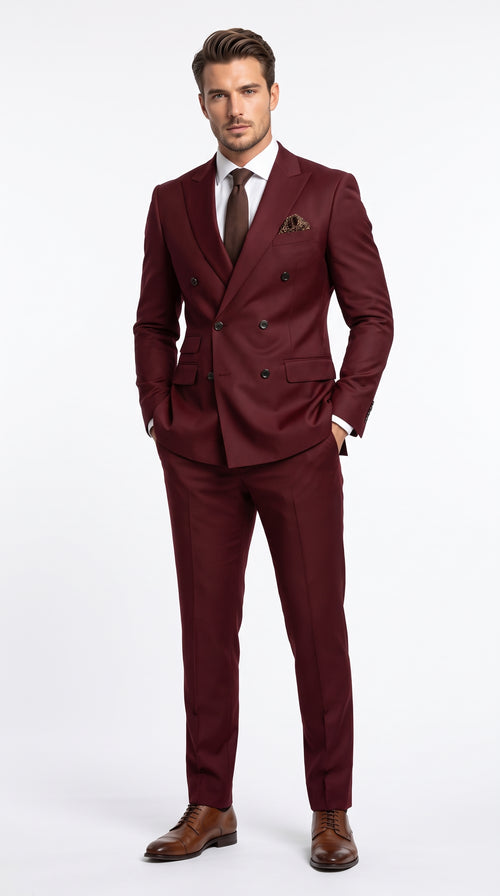 Men’s Burgundy Double Breasted Suit – Modern Fit Wedding, Prom & Formal Suit with Tapered Pants