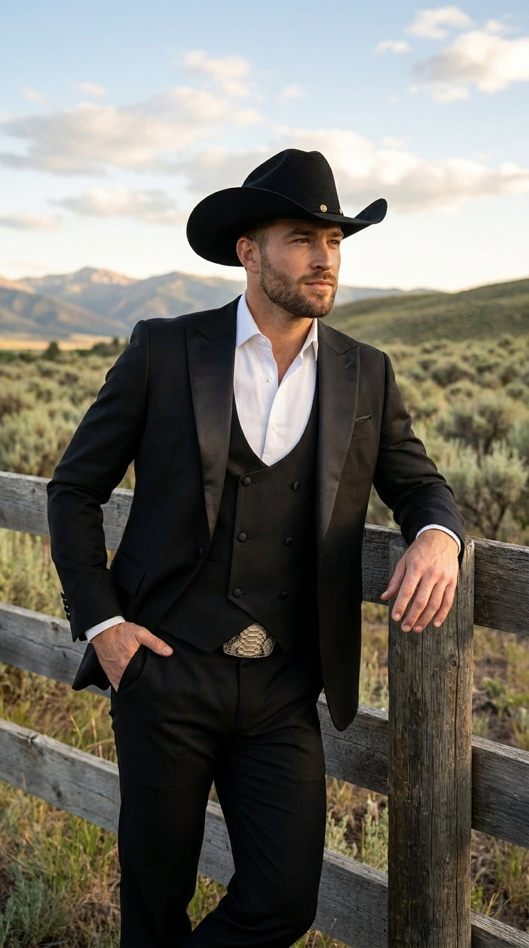 Men’s Black Western Tuxedo Suit with Satin Shawl Lapel Blazer and Double Breasted Vest