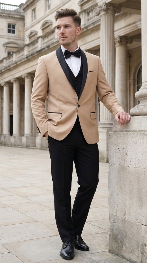 PromTuxedo Men’s Champagne and Black 3-Piece Wool Tuxedo – Shawl Lapel Wedding, Prom and Groom Suit