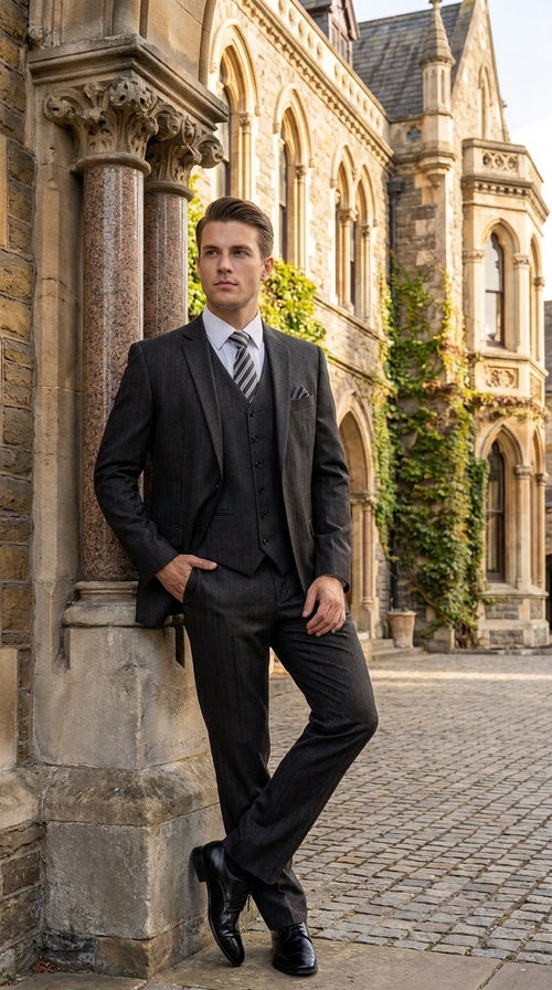 Men’s Classic Black Sharkskin 3-Piece Business Suit – Vested Wedding, Church and Formal Suit