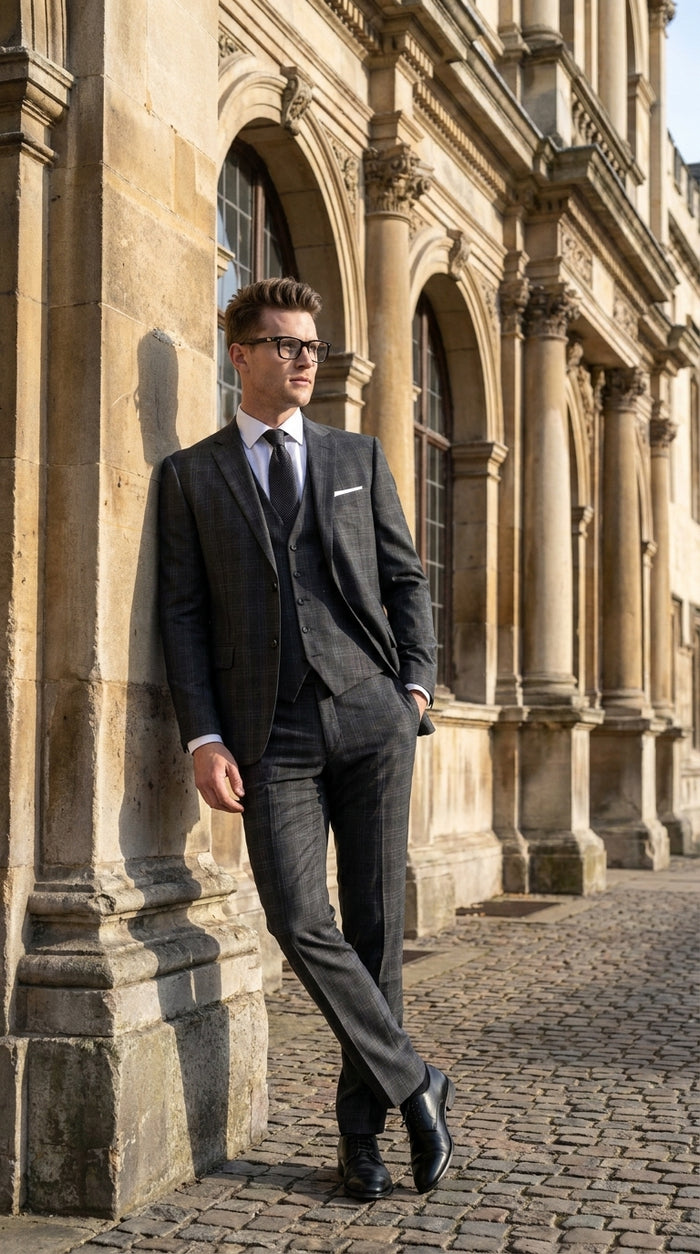 Men’s Charcoal Grey Windowpane Plaid 3-Piece Suit – Two-Button Jacket with Matching Vest and Pants