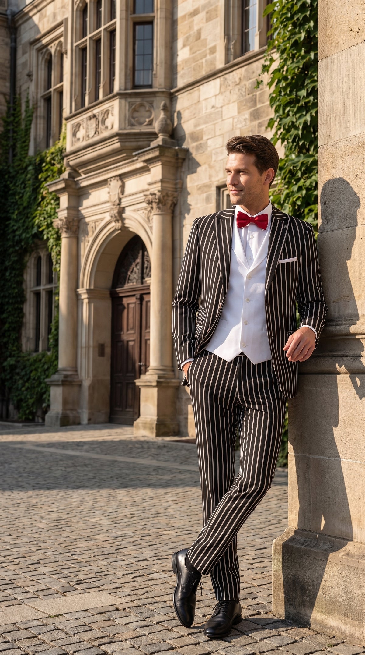 1920s Men’s Black Bold Pinstripe 3 Piece Gangster Suit – Vested Vintage Wedding & Formal Suit