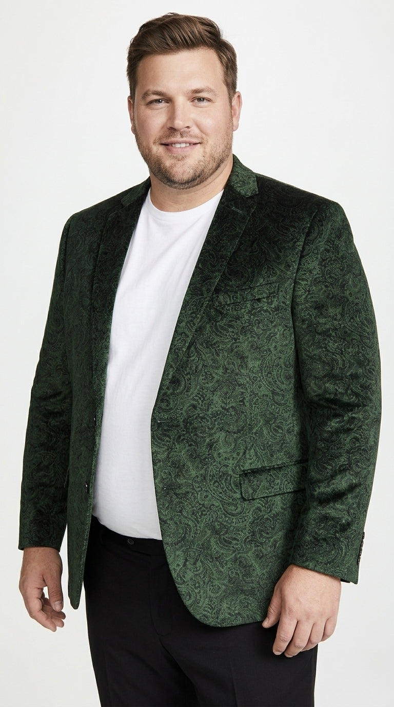 Men’s Olive Green Paisley Velvet Blazer, Formal Jacquard Sport Coat for Weddings, Prom and Parties