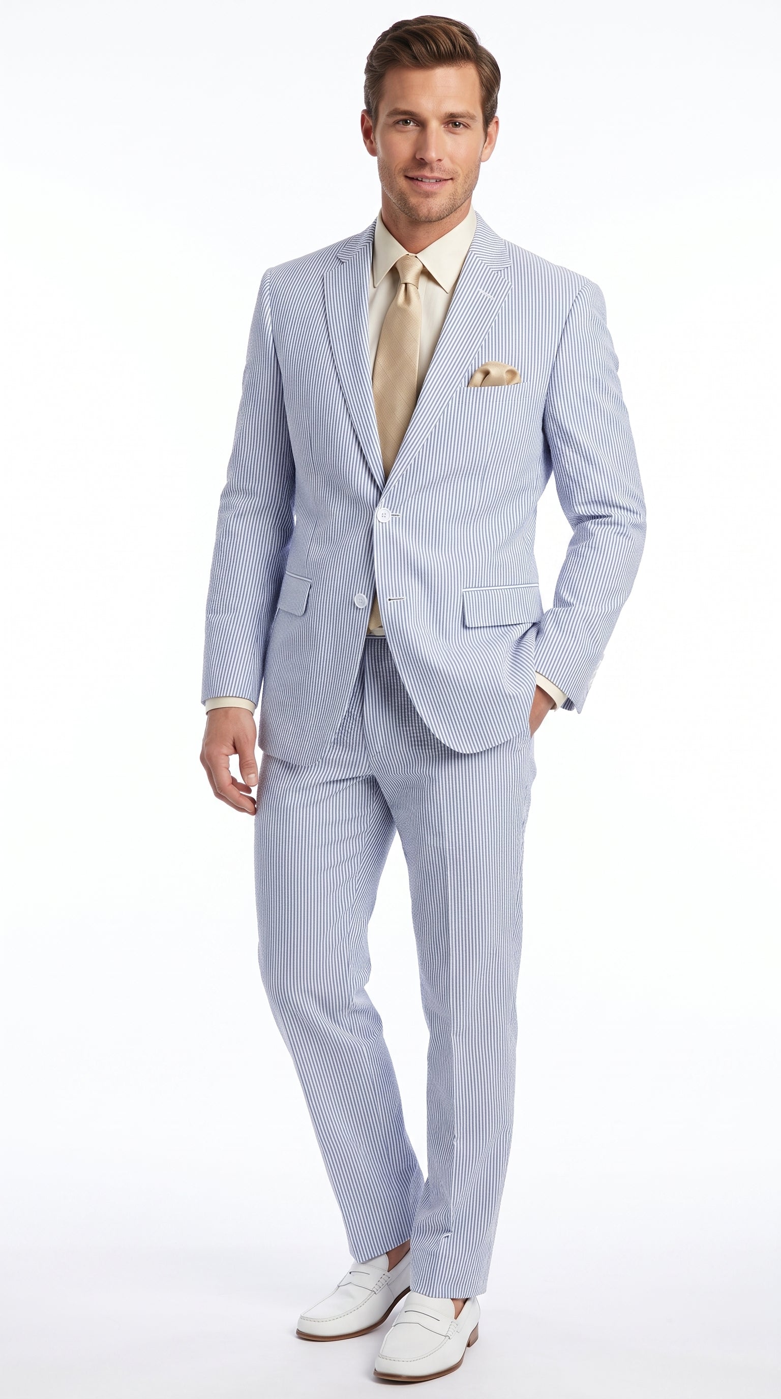 Men’s Navy Blue Pinstripe Seersucker 2 Piece Summer Suit, Lightweight Wedding and Beach Suit