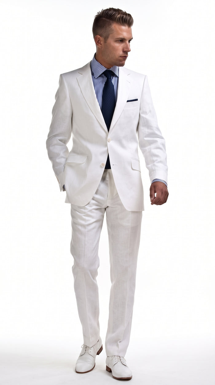 Men’s Big & Tall White Linen Suit – 2 Piece 2-Button Summer Wedding & Beach Suit with Tapered Pants