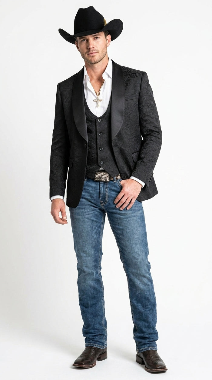 Men’s Black Paisley Jacquard Blazer with Satin Shawl Lapel, Western Formal Designer Jacket