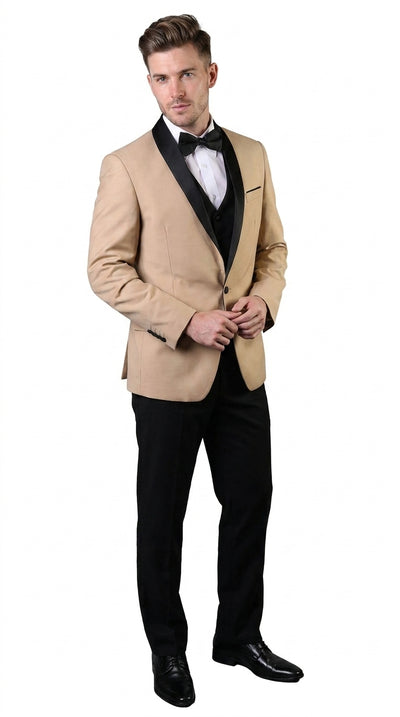 PromTuxedo Men’s Champagne and Black 3-Piece Wool Tuxedo – Shawl Lapel Wedding, Prom and Groom Suit