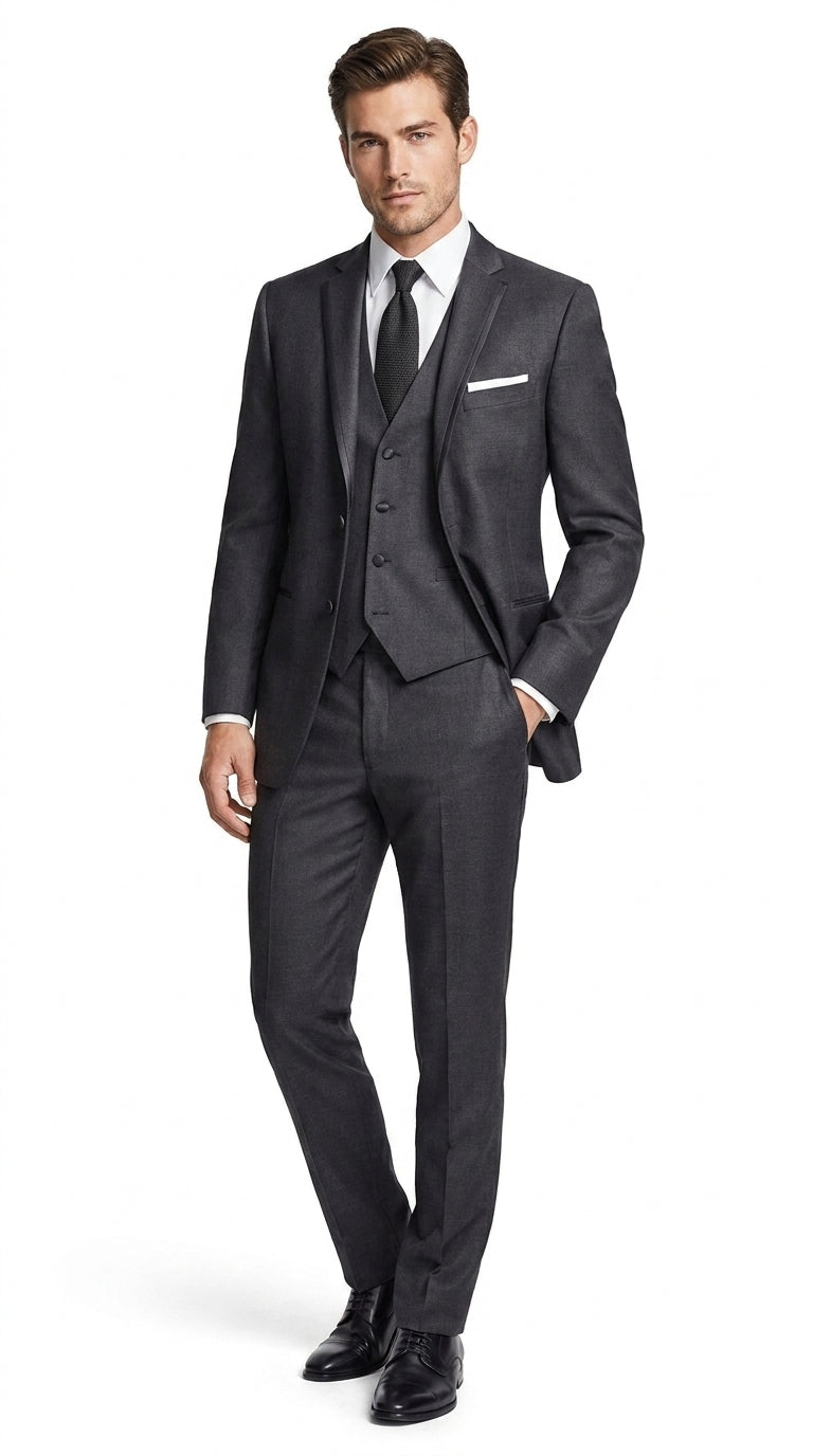 PromTuxedo Men’s Charcoal Grey 3-Piece Tuxedo Suit – Notch Lapel Prom, Wedding and Formal Suit