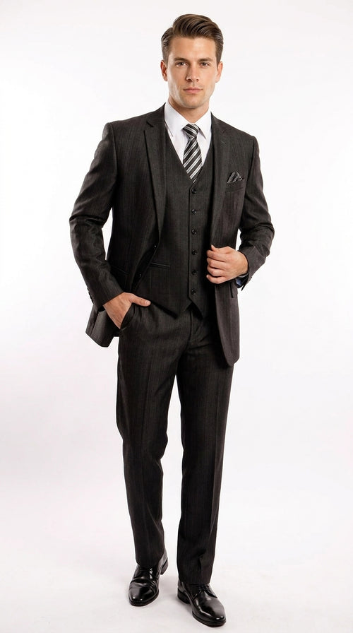 Men’s Classic Black Sharkskin 3-Piece Business Suit – Vested Wedding, Church and Formal Suit