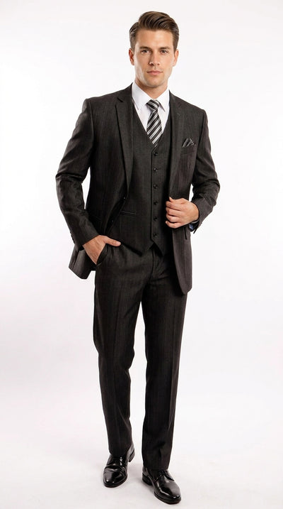 Men’s Classic Black Sharkskin 3-Piece Business Suit – Vested Wedding, Church and Formal Suit
