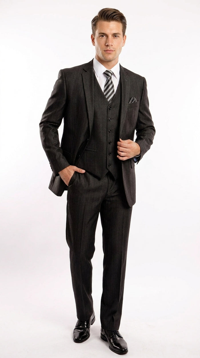 Men’s Classic Black Sharkskin 3-Piece Business Suit – Vested Wedding, Church and Formal Suit