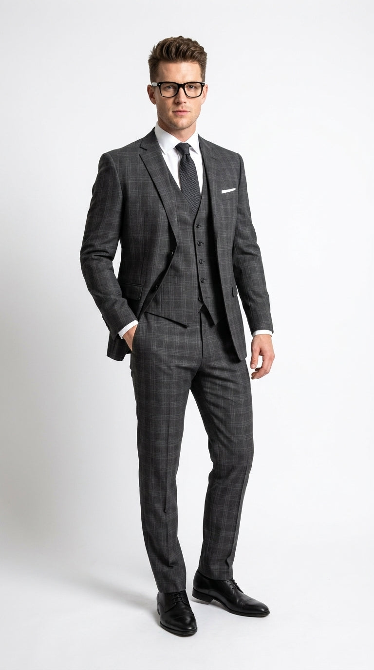 Men’s Charcoal Grey Windowpane Plaid 3-Piece Suit – Two-Button Jacket with Matching Vest and Pants