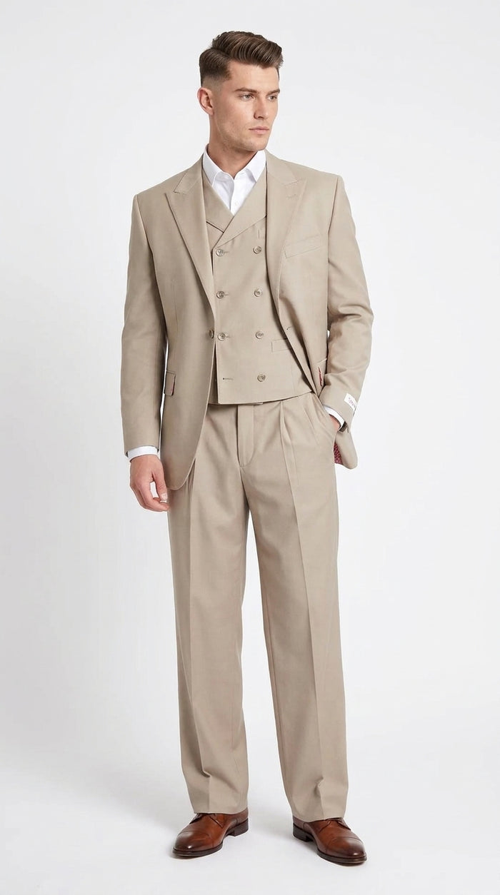 Tiglio Rosso Men’s Tan 3-Piece Italian Wool Suit – Classic Fit Peak Lapel Suit with Double-Breasted Vest and Pleated Wide-Leg Pants