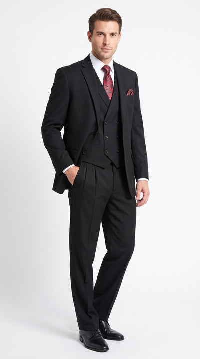 Men’s Black 2 Button Suit with Double Breasted Vest, Pleated Pant Formal Wedding Business Suit