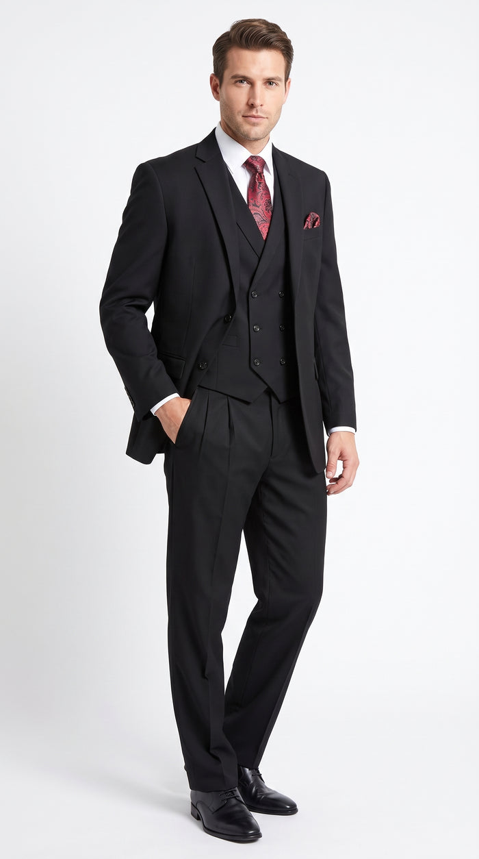 Men’s Black 2 Button Suit with Double Breasted Vest, Pleated Pant Formal Wedding Business Suit
