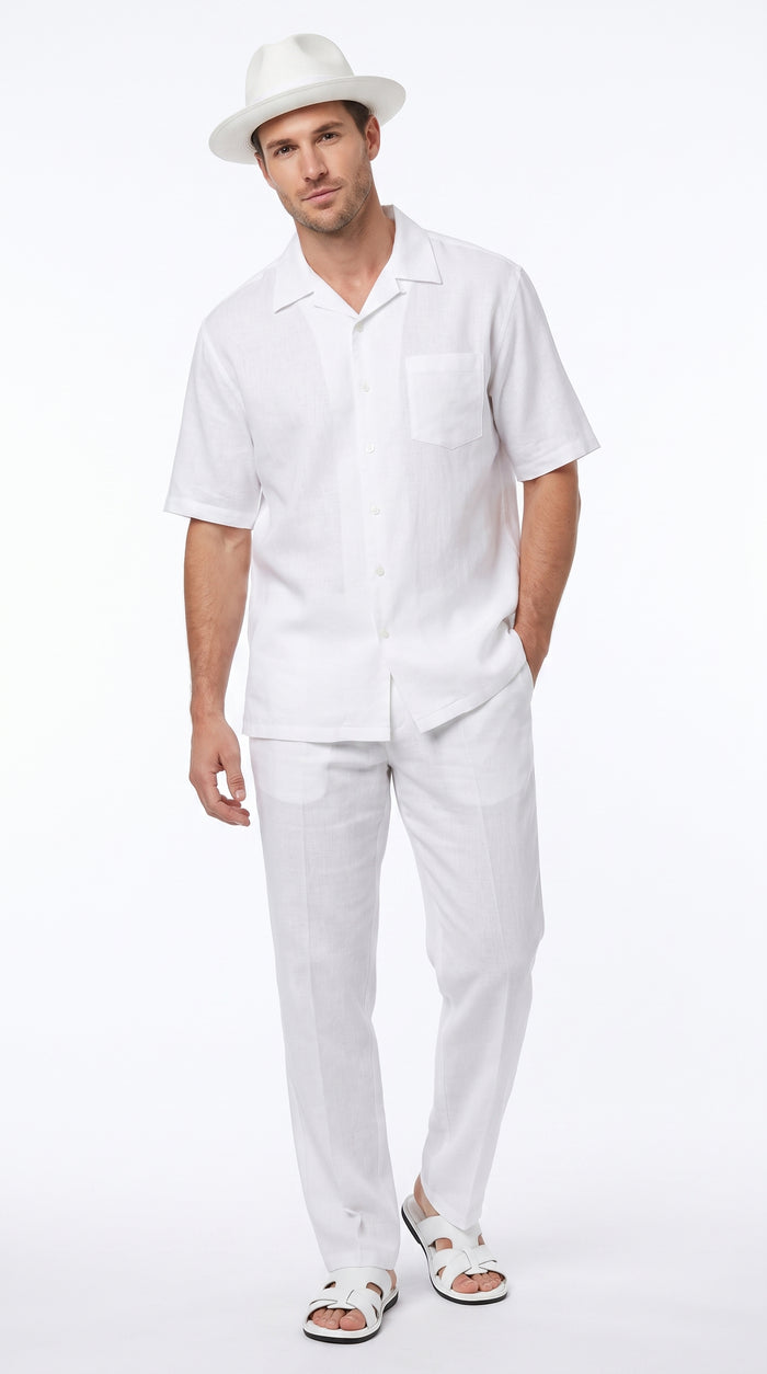 Men’s Big Size White Linen Walking Suit, Short Sleeve Shirt and Pants Casual Summer Set