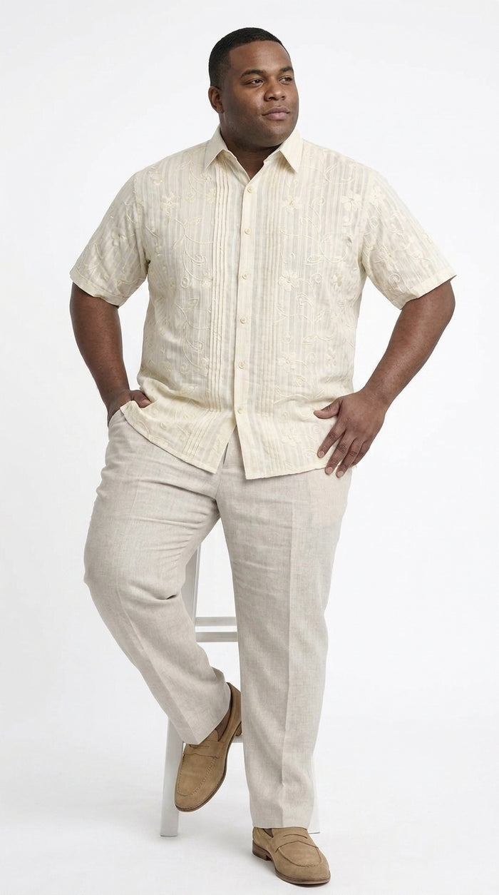 Men’s Cream Abstract Stripe Walking Suit Set, 2 Piece Short Sleeve Casual Shirt and Pants Outfit