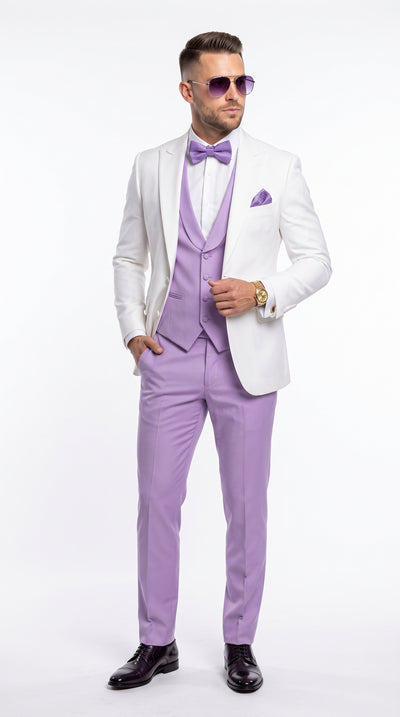 Men’s White and Lavender 4 Piece Tuxedo Suit, Wedding Prom Dinner Jacket with Vest, Pants and Bow Tie