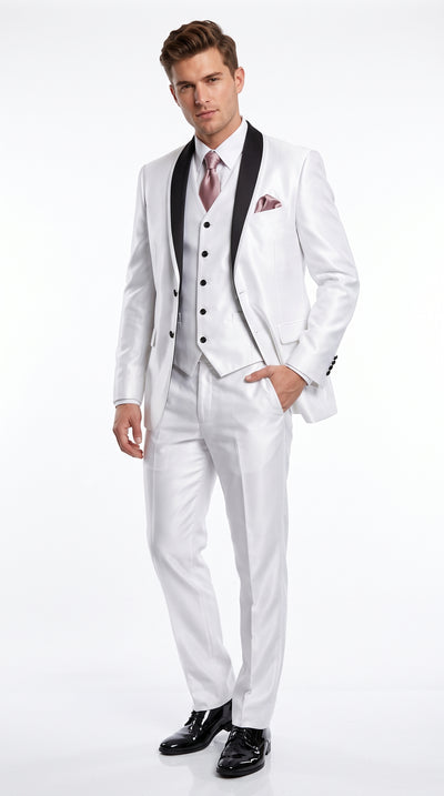 White Wedding Suit for Men – 3 Piece Sharkskin Tuxedo Suit with Vest, 2 Button Groom Prom Suit