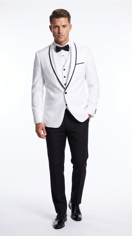 Men’s White and Black One Button Satin Trim Shawl Lapel Tuxedo for Wedding, Prom and Formal Events