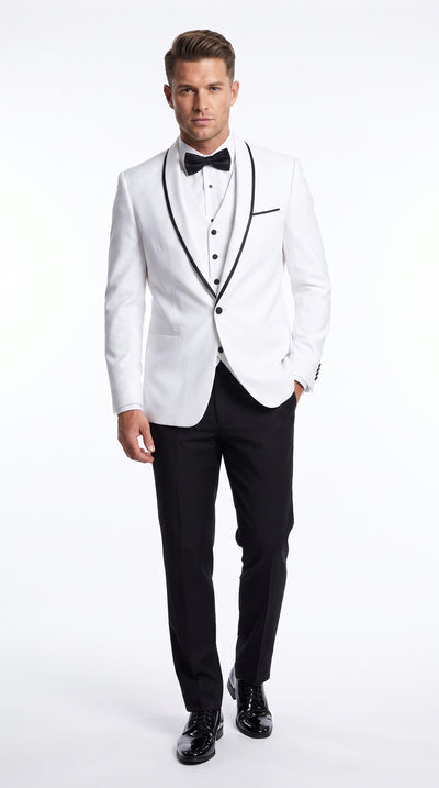 Men’s White and Black One Button Satin Trim Shawl Lapel Tuxedo for Wedding, Prom and Formal Events