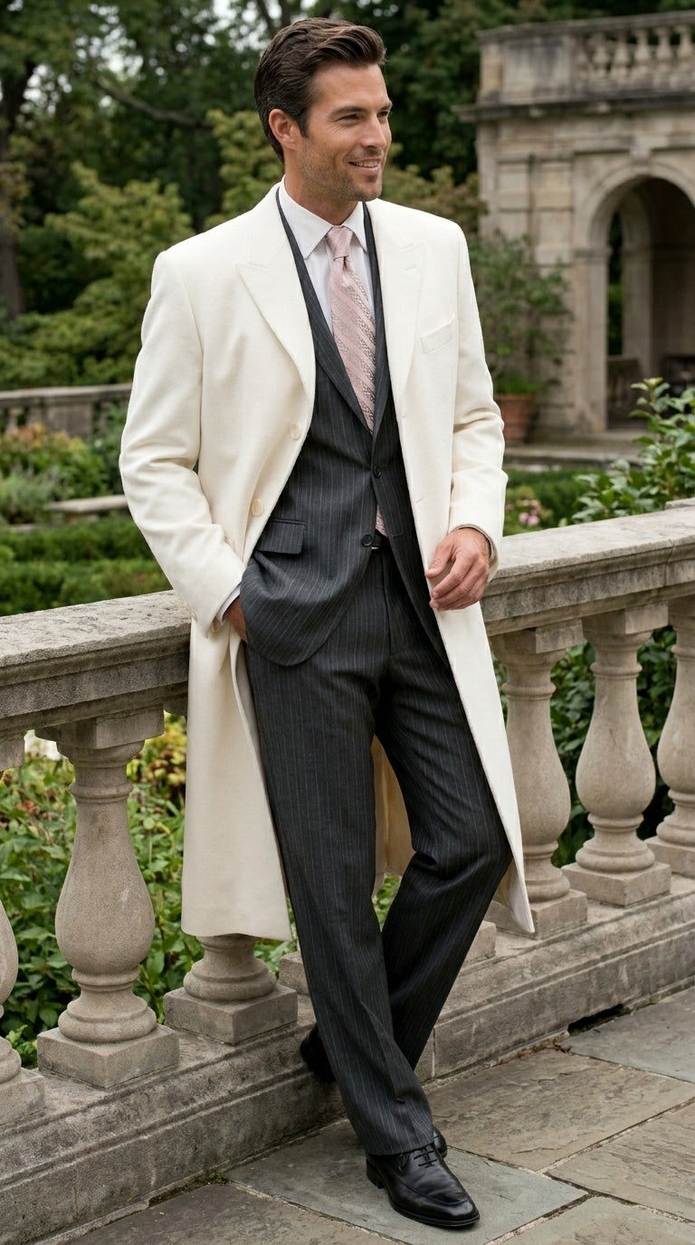 White and Cashmere Mens Overcoat - Full Length Topcoat